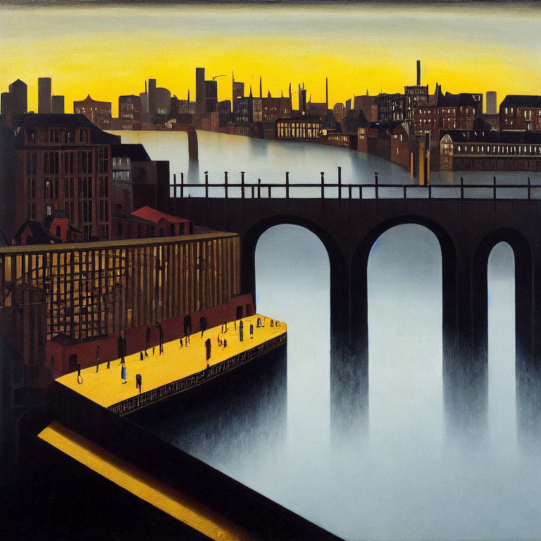 Stylized painting of industrial cityscape at sunset with buildings, bridge, figures on golden-lit