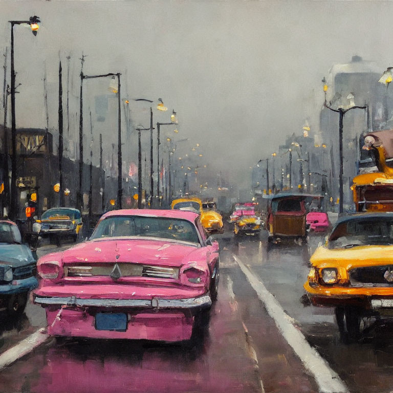 Colorful vintage cars on rainy city street with blurred cityscape.