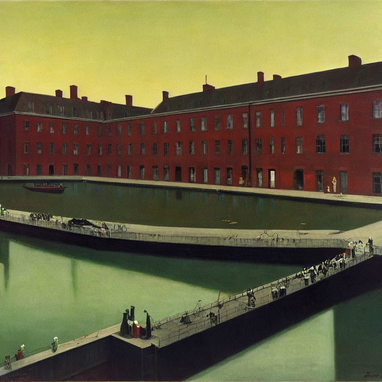 Cityscape painting: red brick building by canal with people on quay and balconies