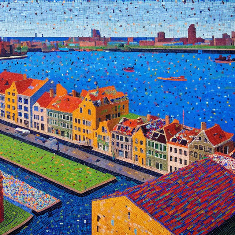 Colorful Mosaic of Riverside Town with Boats and Cityscape