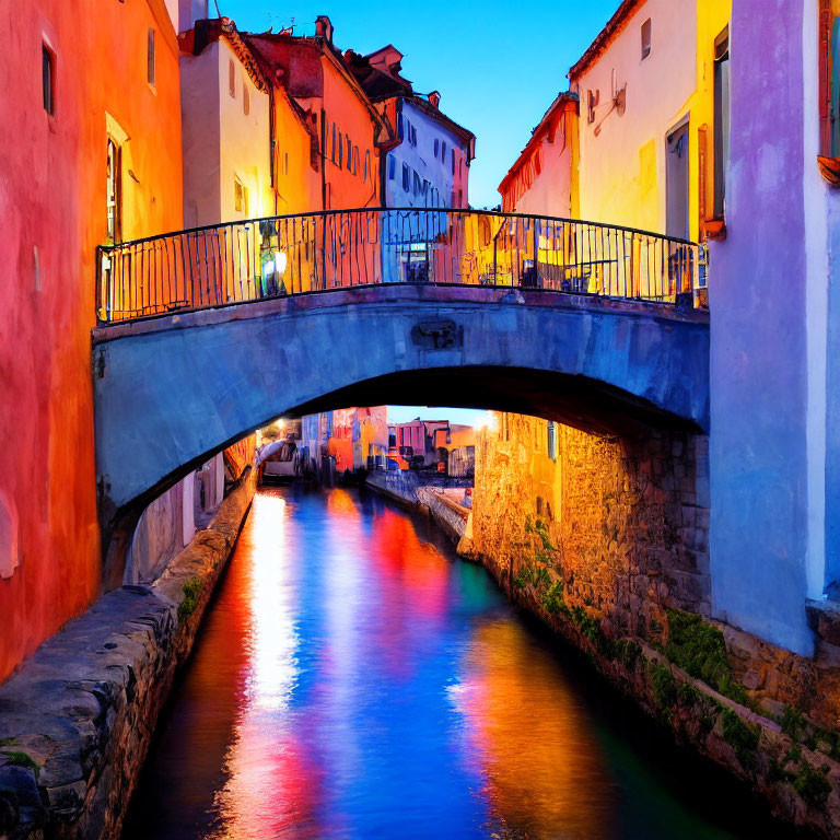 Serene canal at twilight with colorful houses and old stone bridge.