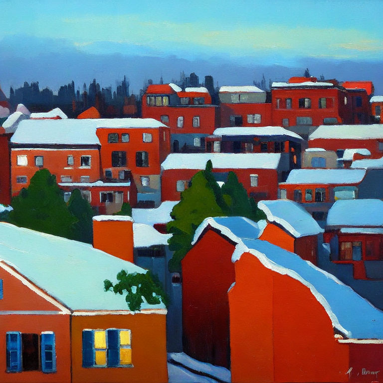 Snow-covered rooftops and colorful buildings under blue sky and distant trees