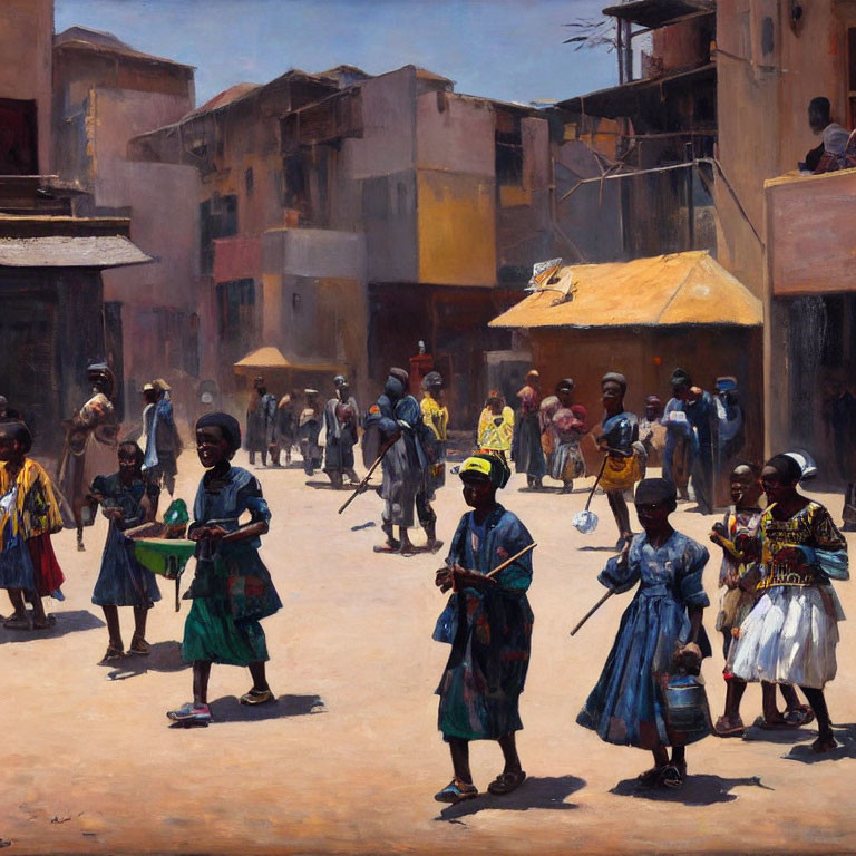 Vibrant African town street scene with people engaging in daily activities