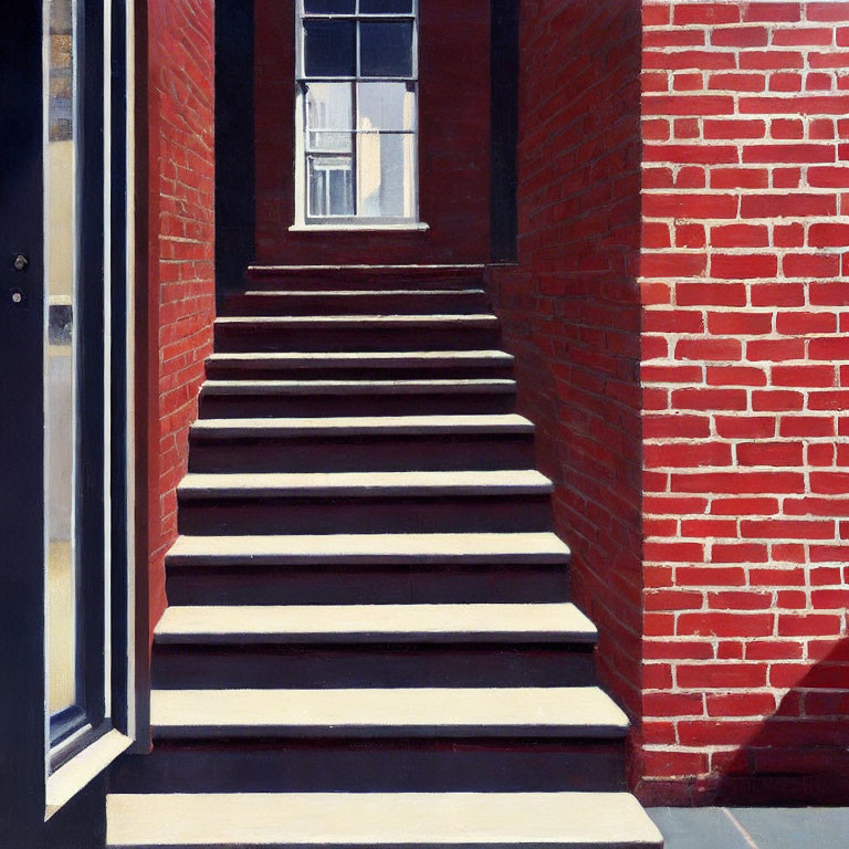 Stone steps, brick building, dark doorway, window, clear blue sky