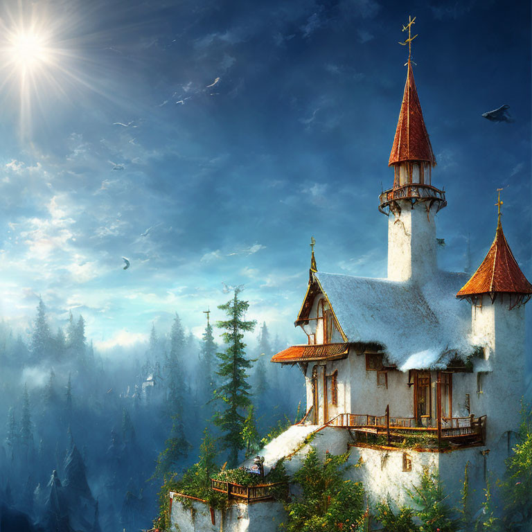 Snow-covered fairytale castle on cliff in sunlit forest with birds.