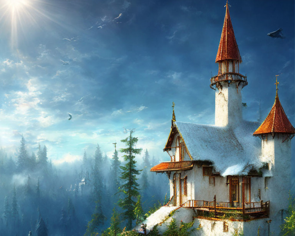 Snow-covered fairytale castle on cliff in sunlit forest with birds.