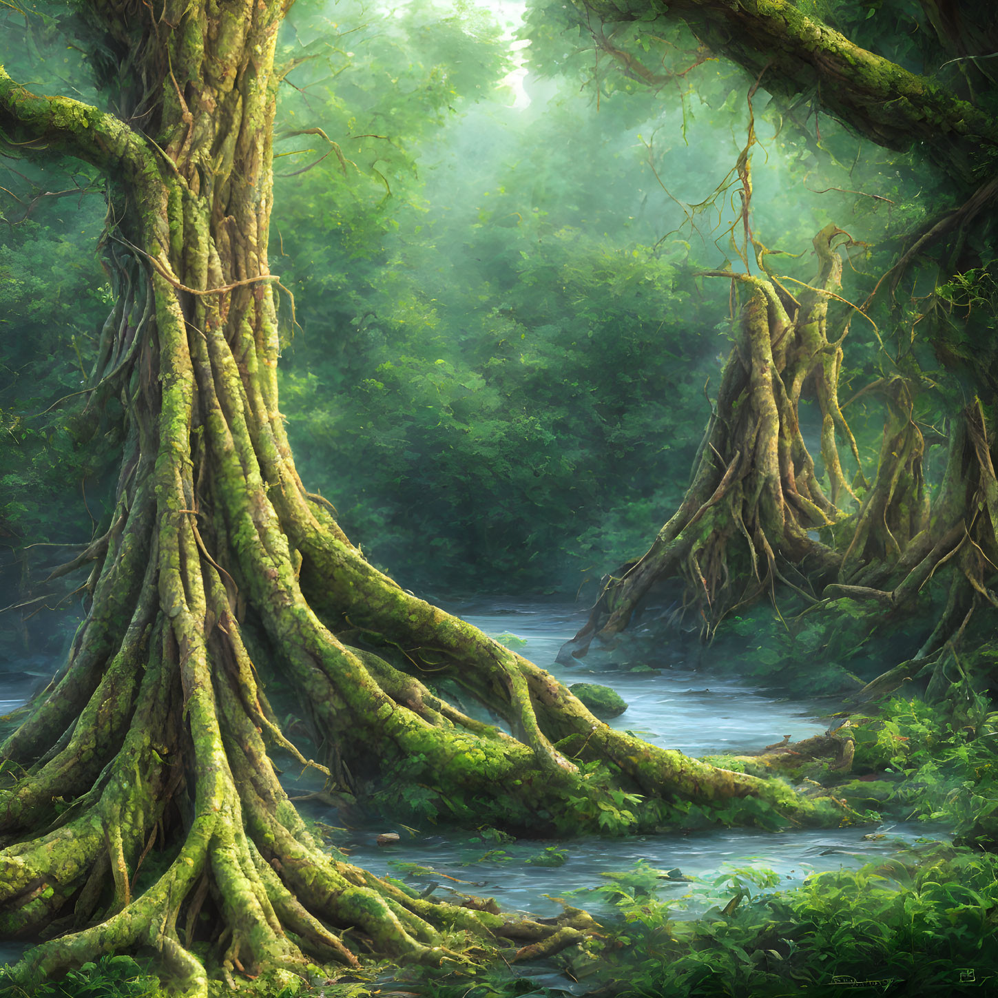 Tranquil forest scene with sunlight filtering through ancient trees