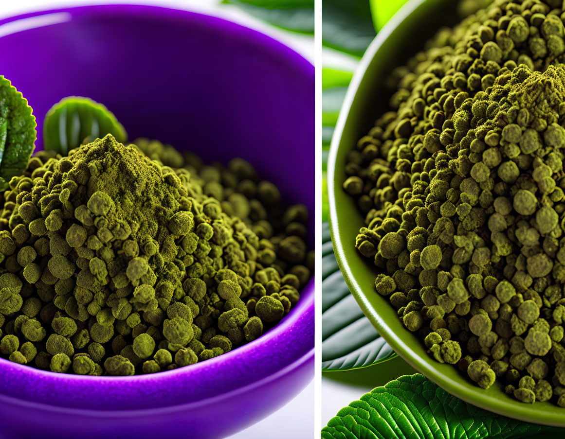 Split-image of purple bowl with matcha powder and green peppercorn clusters with fresh leaves.