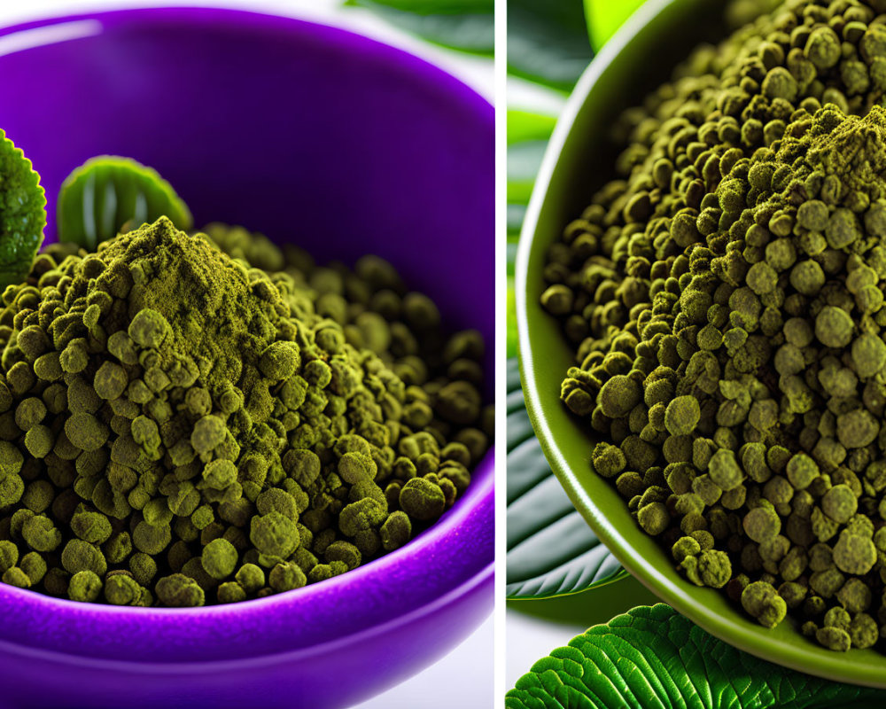 Split-image of purple bowl with matcha powder and green peppercorn clusters with fresh leaves.