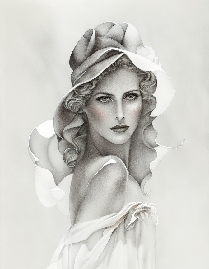 Monochrome drawing of elegant woman with wavy hair, draped hat, and vintage dress