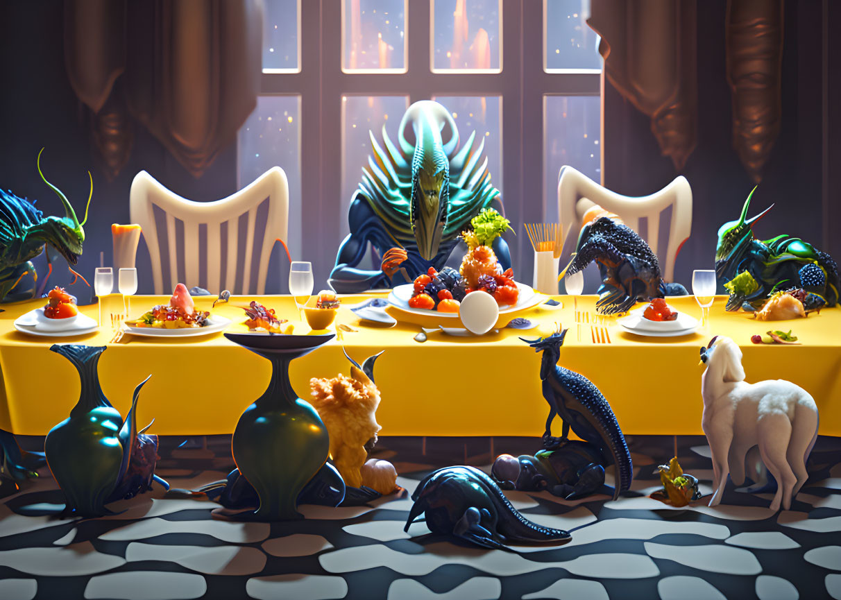 Surreal dinner scene with alien-like figure and fantastical creatures