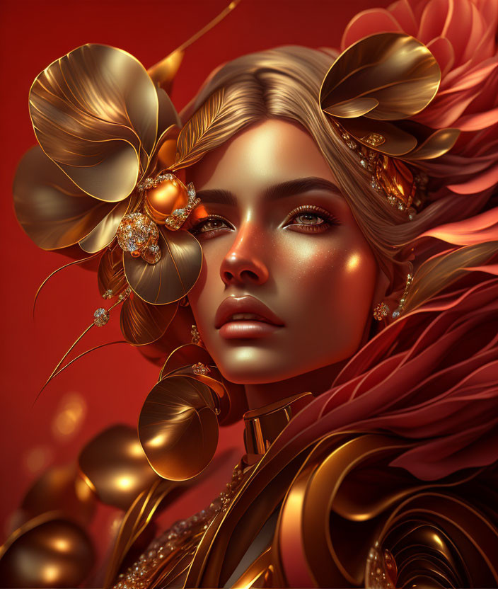 Digital artwork: Woman with gold floral ornaments and red hair on warm red backdrop