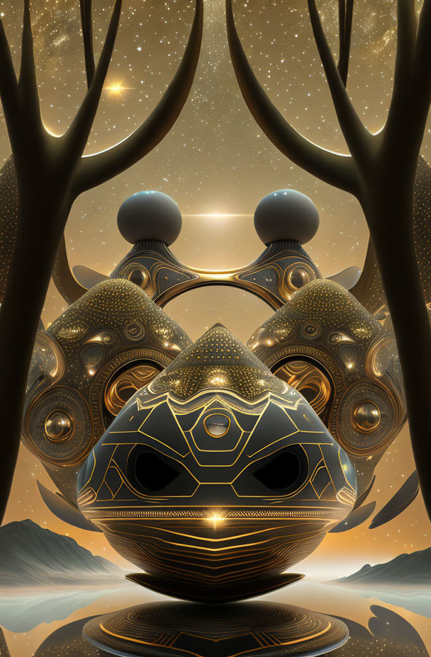 Symmetrical surreal artwork: golden fractal mask, silhouetted trees, starry sky