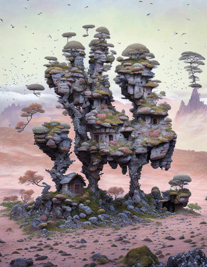 Majestic fantasy landscape with towering rock formations and tree houses under a dusky sky