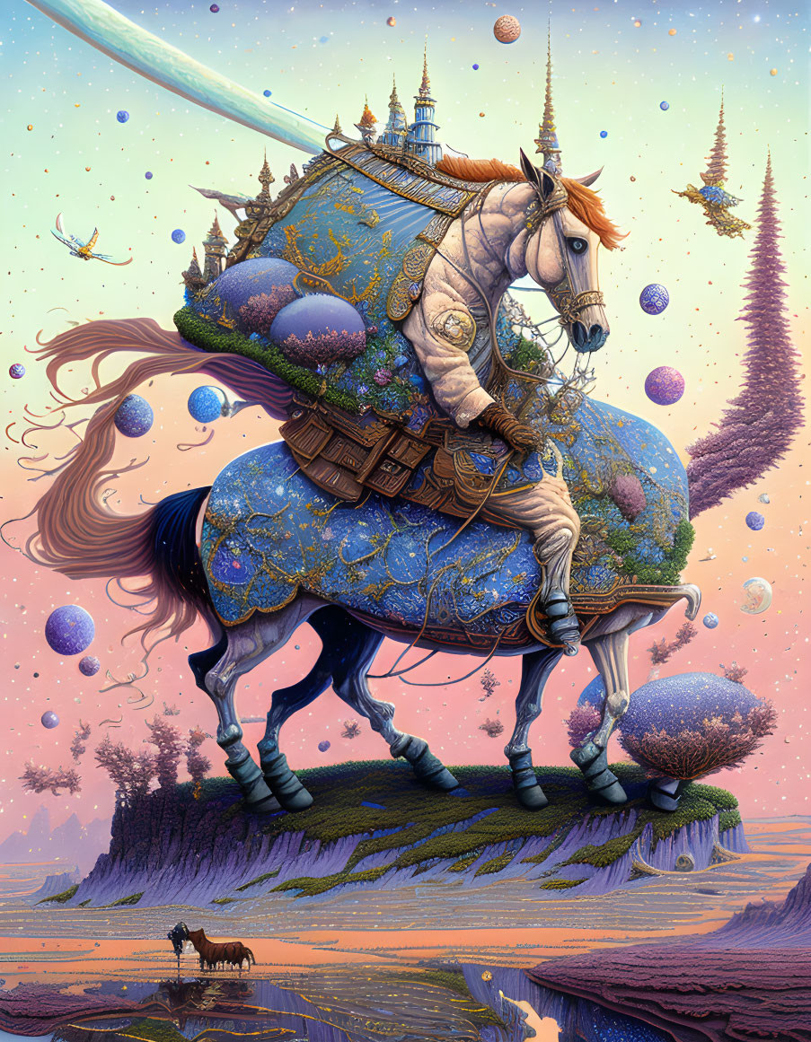 Celestial unicorn carrying castle in surreal fantasy landscape