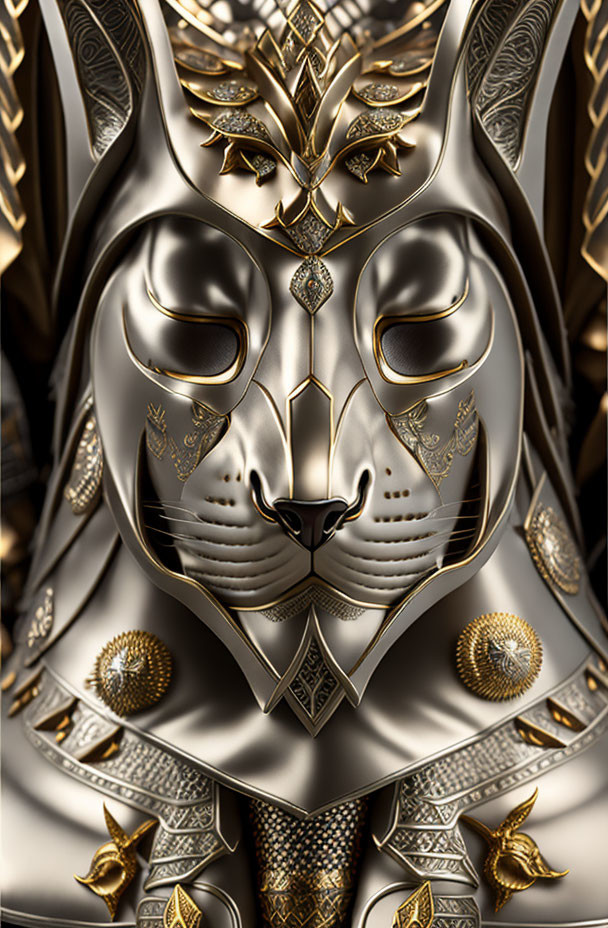 Golden and Silver Feline Armor with Intricate Patterns and Decorative Embellishments