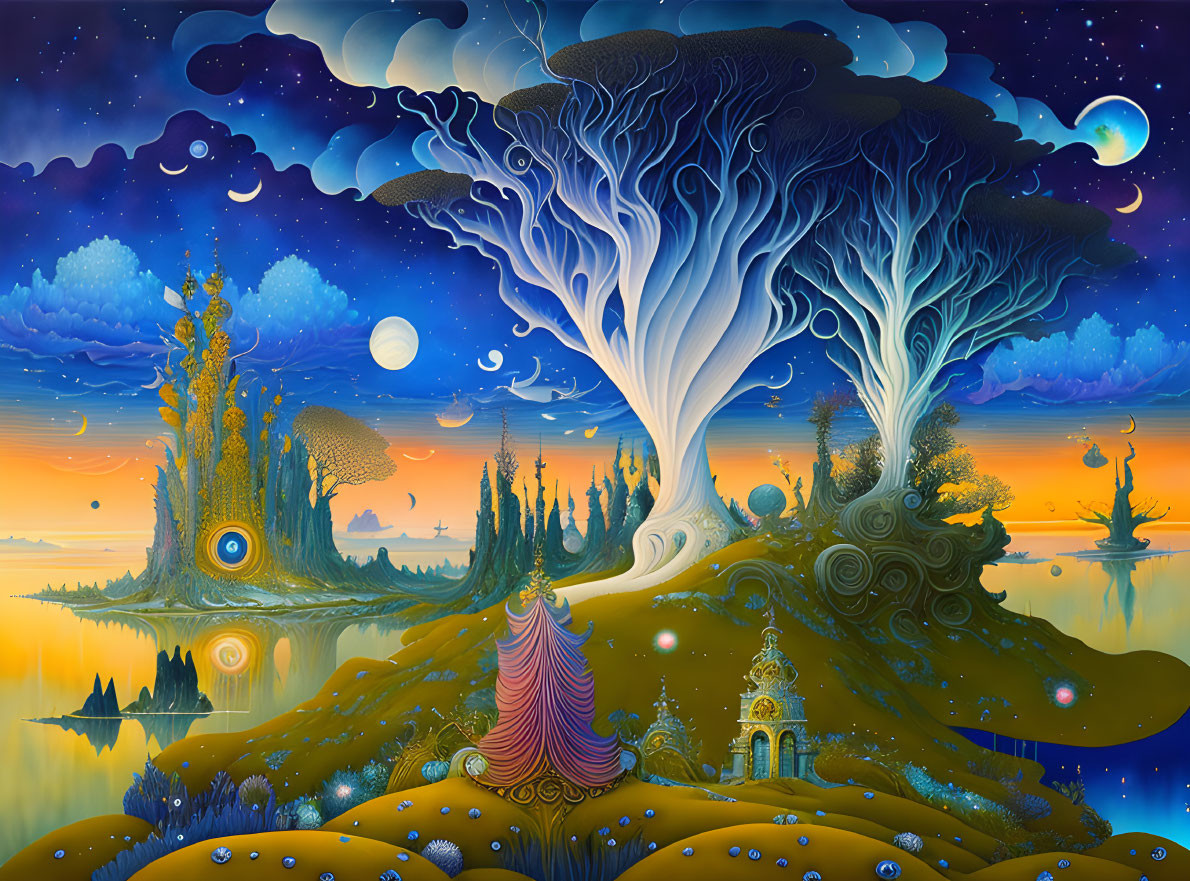 Vibrant Fantasy Landscape with Stylized Trees and Multiple Moons