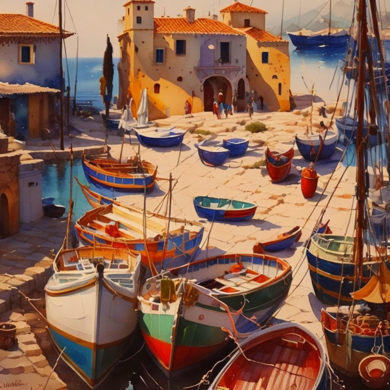 Vibrant boats in serene Mediterranean harbor with sunny coastline and historic architecture.