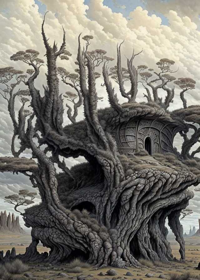 Ancient tree with door and windows among gnarled roots under cloudy sky