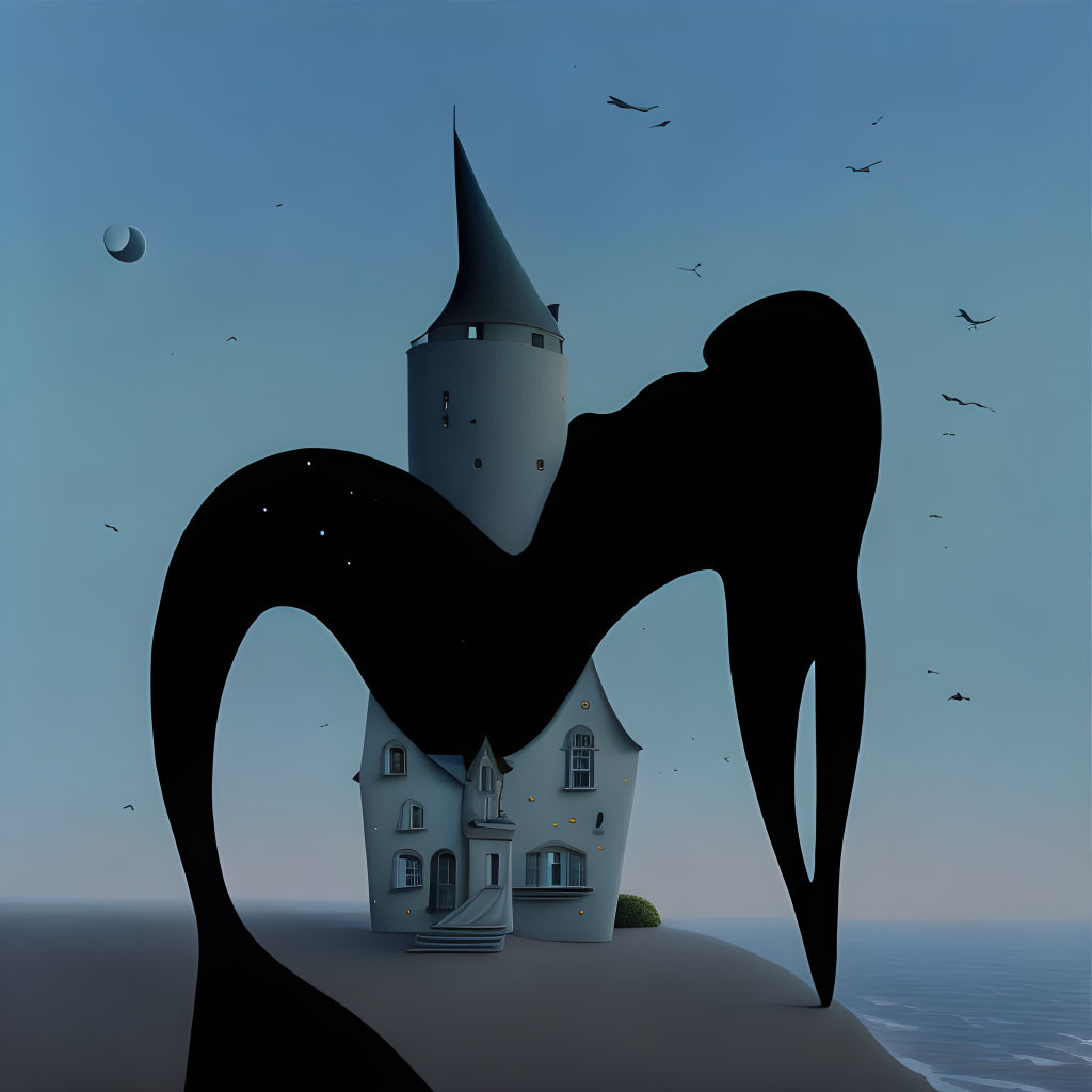 Castle and figure merge in twilight beach scene with birds and crescent moon