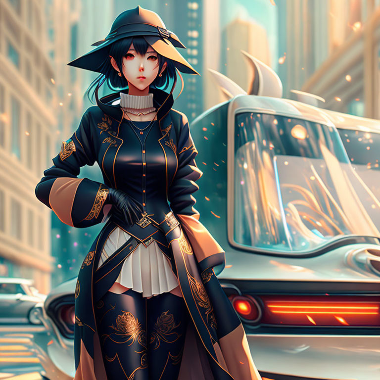 Digital artwork: Female character in black coat with golden patterns, cityscape with futuristic cars