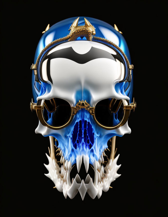 Stylized skull with blue flames, golden sunglasses, crown, and blue helmet on black background