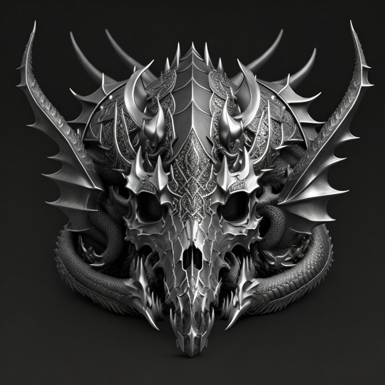 Symmetrical Silver Dragon Head Sculpture with Sharp Horns and Fangs