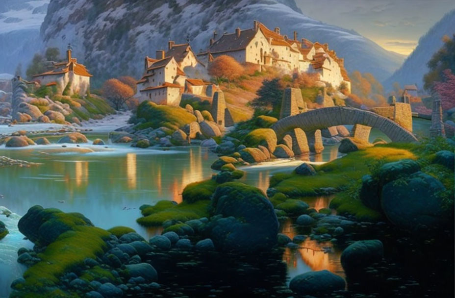 Scenic sunset village: stone houses, river, arched bridge, lush greenery, mountains.