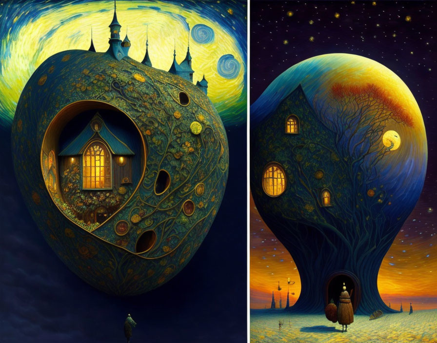 Dual scene artwork: Glowing treehouses under starry skies