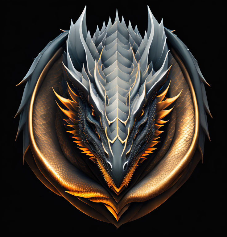 Dragon head digital artwork in circular emblem with horns, scales, and glowing eyes.