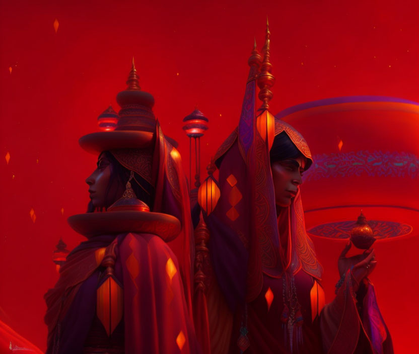 Regal figures in red and gold attire with architectural structures and floating lanterns in a mystical setting