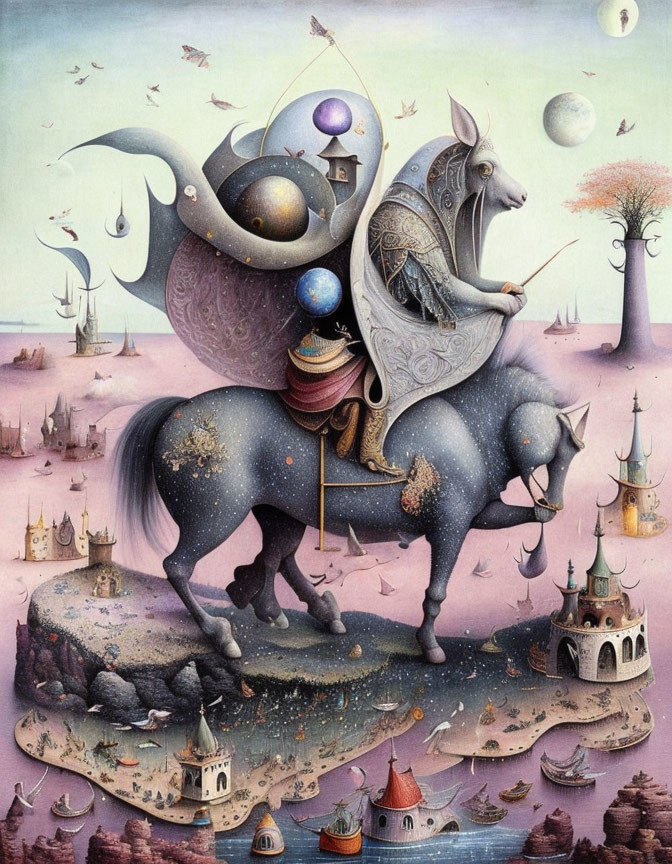 Surreal painting of knight on horse with celestial bodies and floating castles