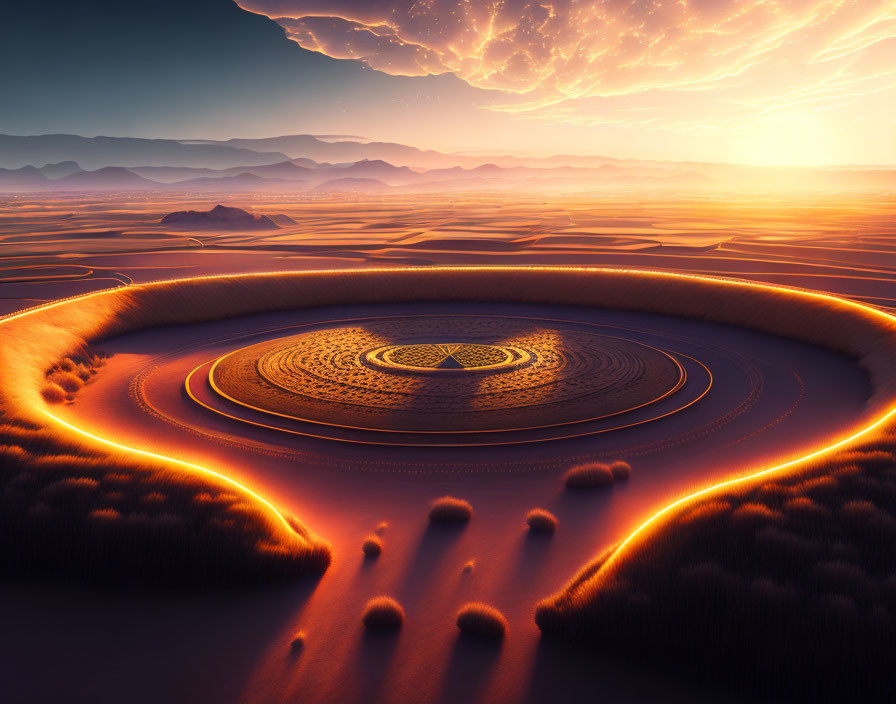 Vibrant sunset in surreal desert with circular patterns and glowing orange lines