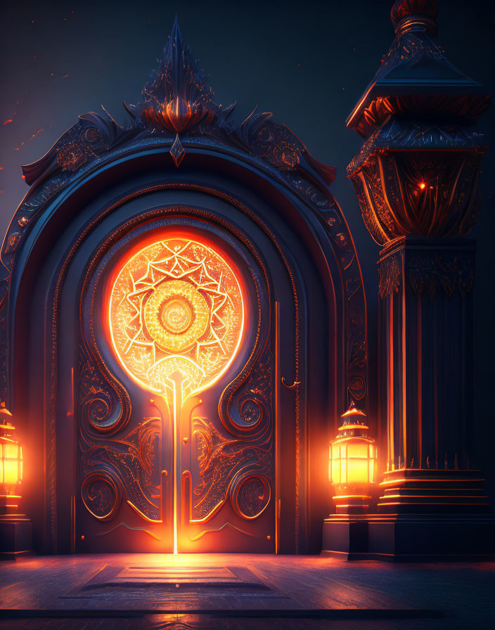 Intricate mystical door with orange glow and illuminated pillars