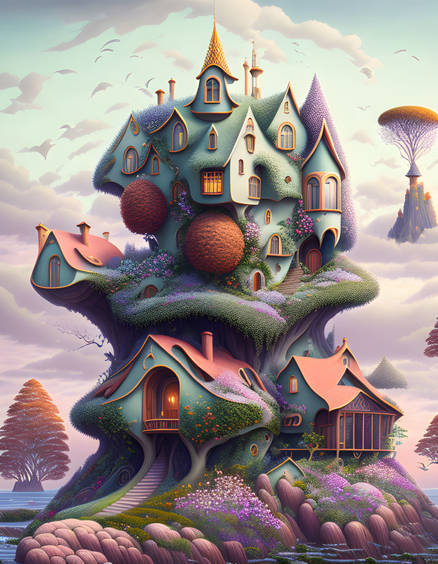 Illustration of whimsical treehouse with turrets, balconies, and floating islands