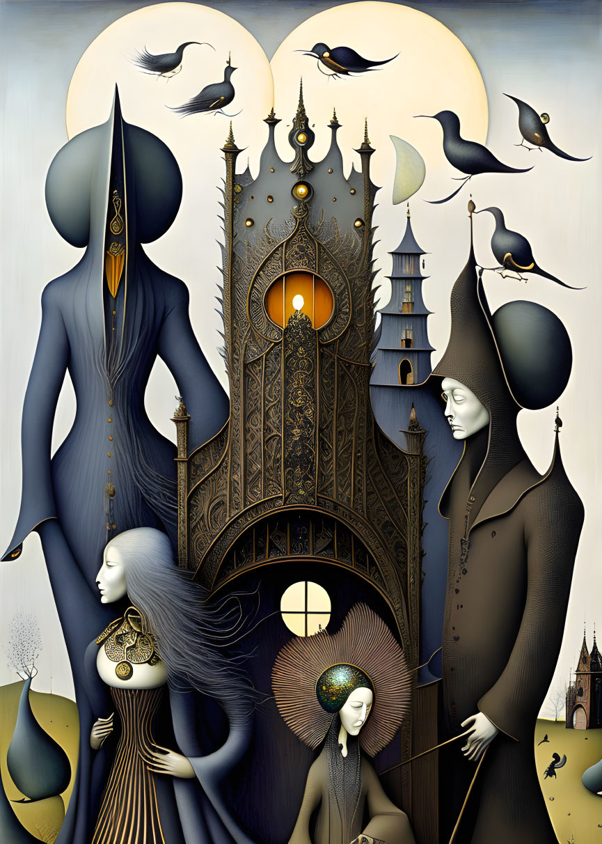 Surreal Artwork: Stylized Figures, Gothic Tower, Birds, Celestial Bodies