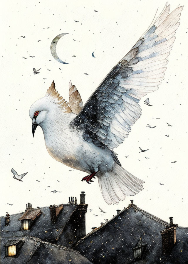 Detailed illustration: Pigeon flying over snow-dusted rooftops at night