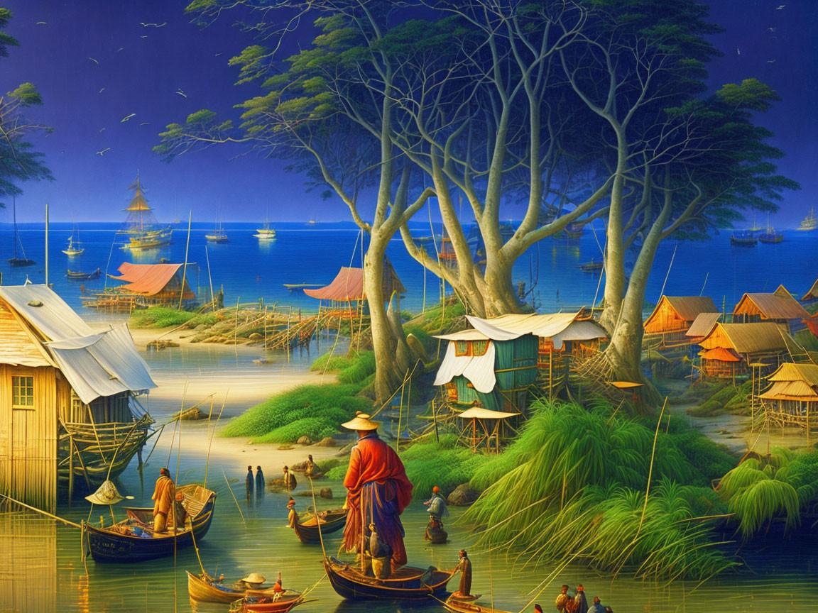 Colorful coastal village painting at dusk with trees, boats, huts, and villagers.