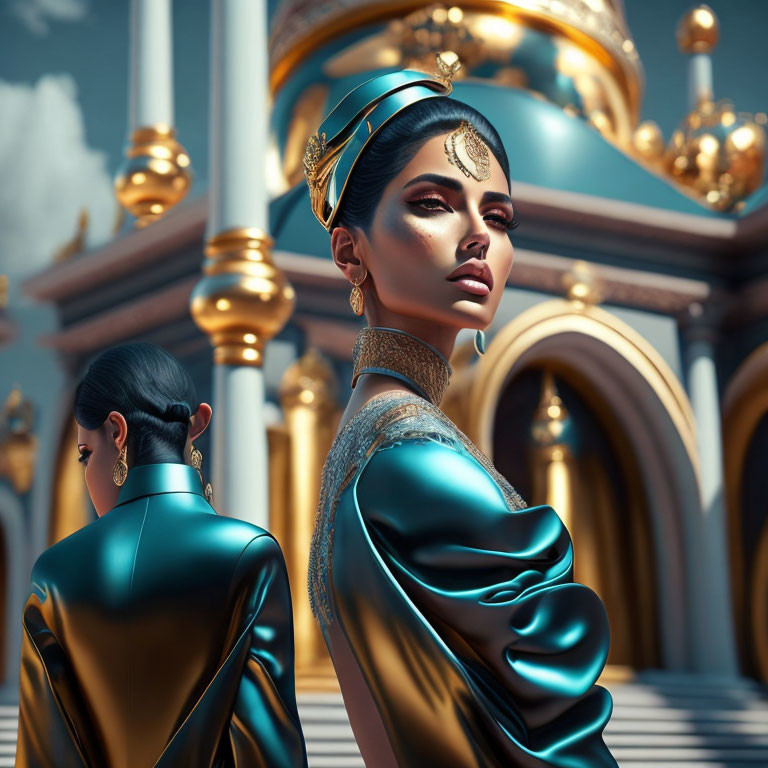 Elaborate Gold Makeup Woman in Teal Outfit with Jeweled Headband