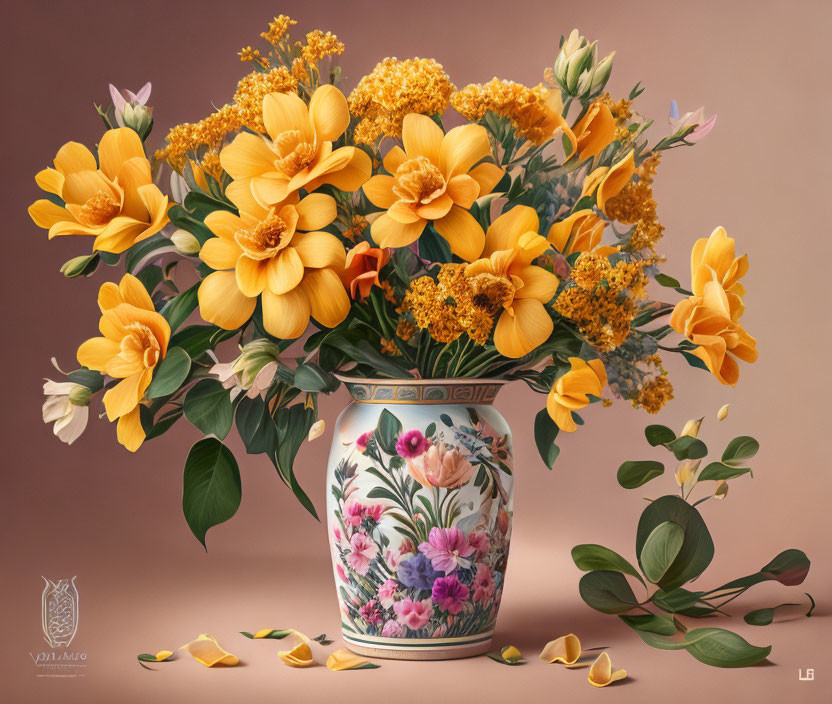 Yellow Flowers Bouquet in Decorative Vase on Pink Background