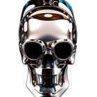 Stylized skull with blue flames, golden sunglasses, crown, and blue helmet on black background