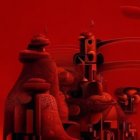 Surreal Red Landscape with Abstract Structures and Futuristic Architecture