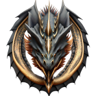 Dragon head digital artwork in circular emblem with horns, scales, and glowing eyes.