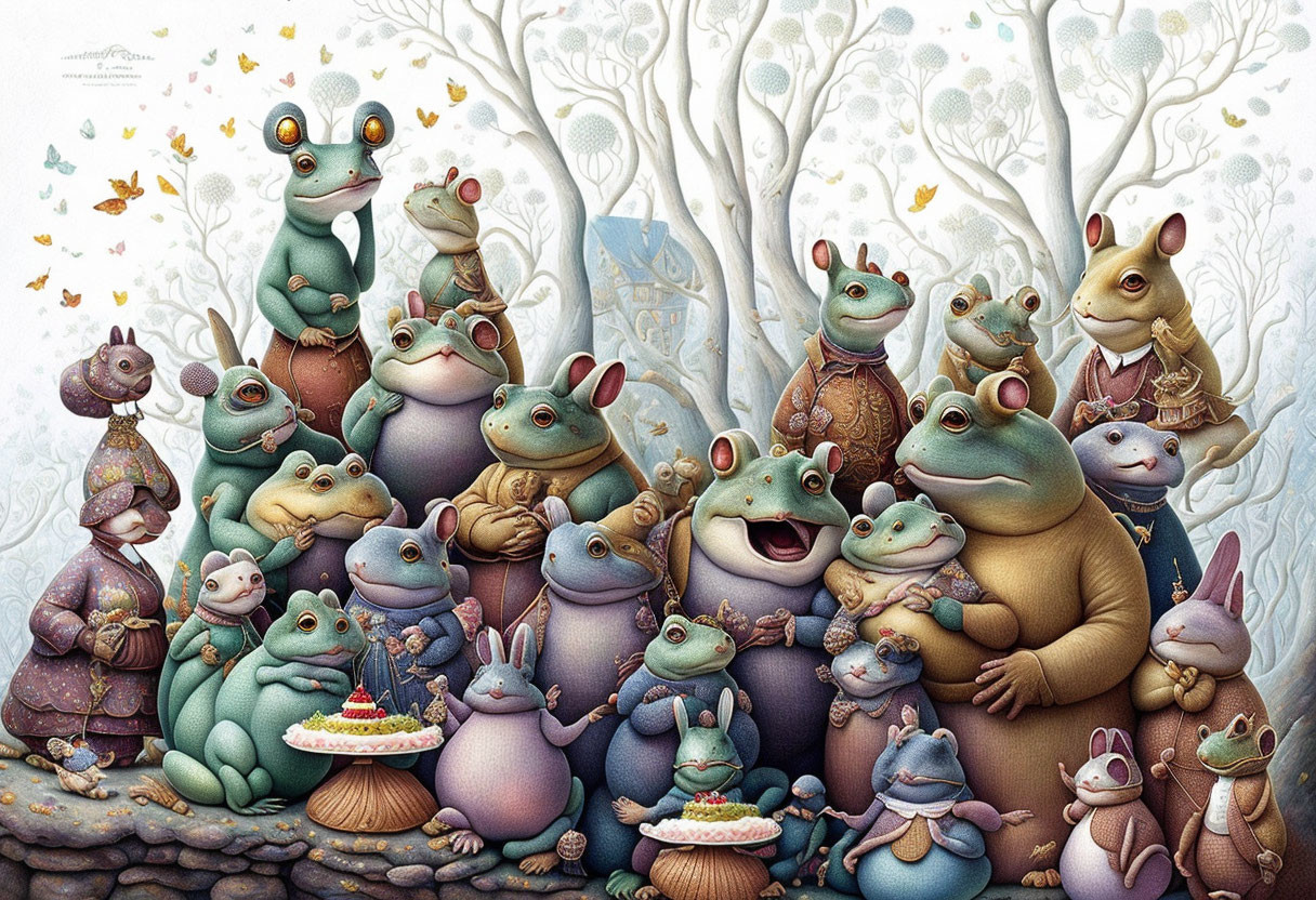 Anthropomorphic Frogs in Various Outfits Amid Whimsical Forest