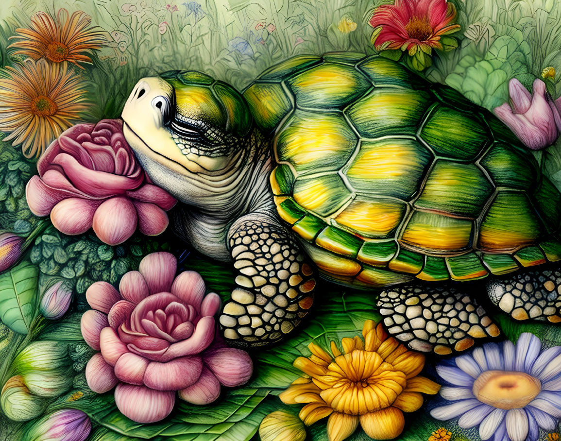 Colorful Turtle Among Lush Flowers Illustration