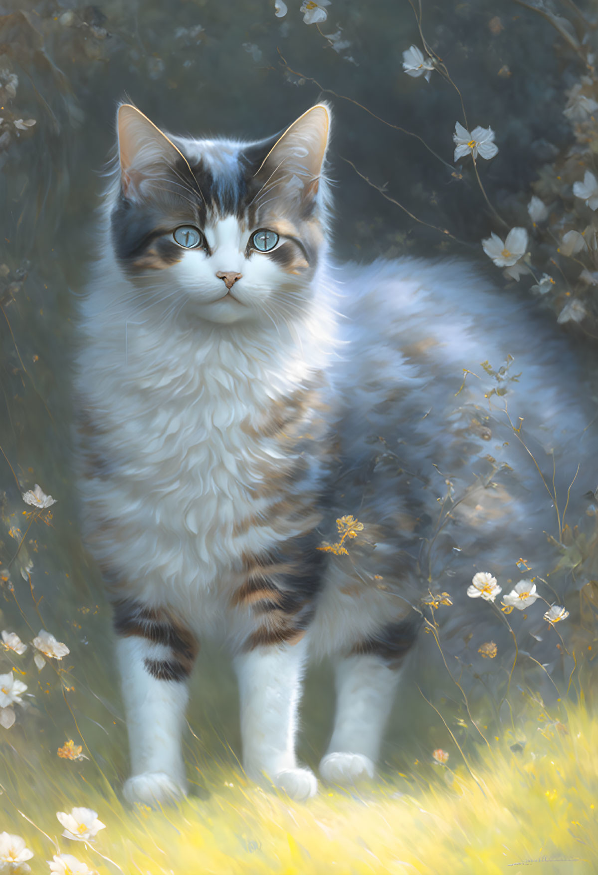 Fluffy White and Gray Cat in Sunlit Field with Flowers