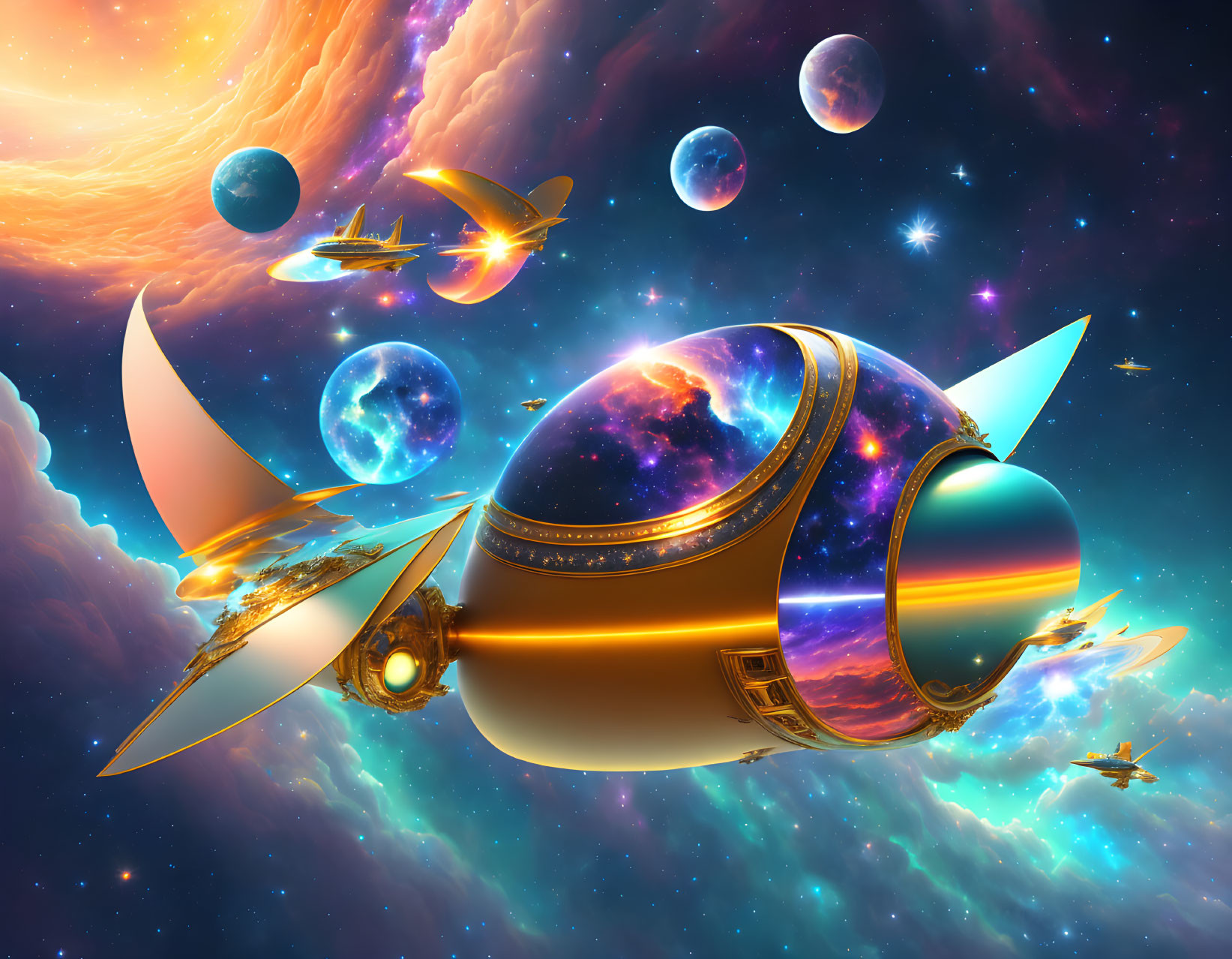 Futuristic spaceship with golden wings in vibrant sci-fi scene