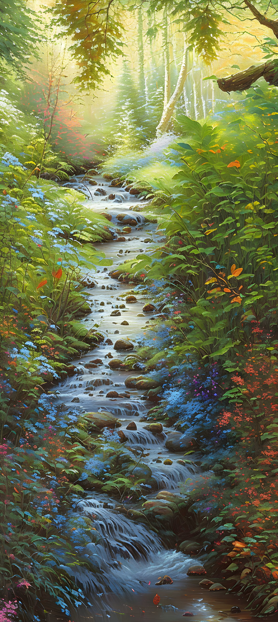 Tranquil forest stream with sunlight, rocks, and wildflowers