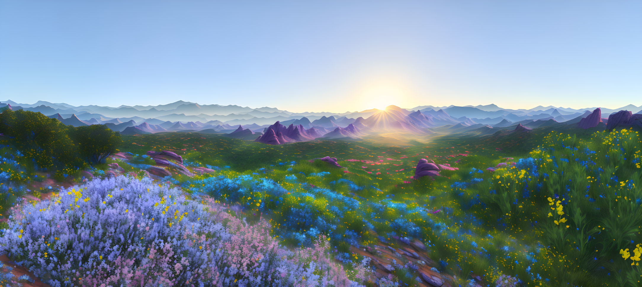 Sunrise over mountains with vibrant wildflowers in serene landscape