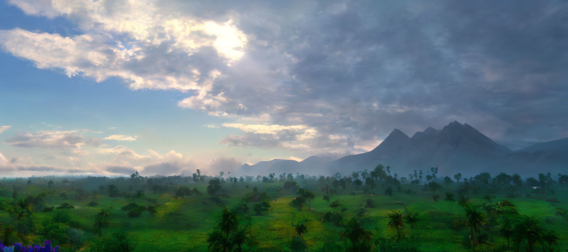 Serene landscape with sun breaking through clouds over misty mountains.